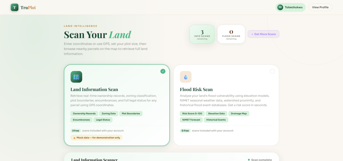TruPlot Land Information Scan and Flood Risk Scan selection screen